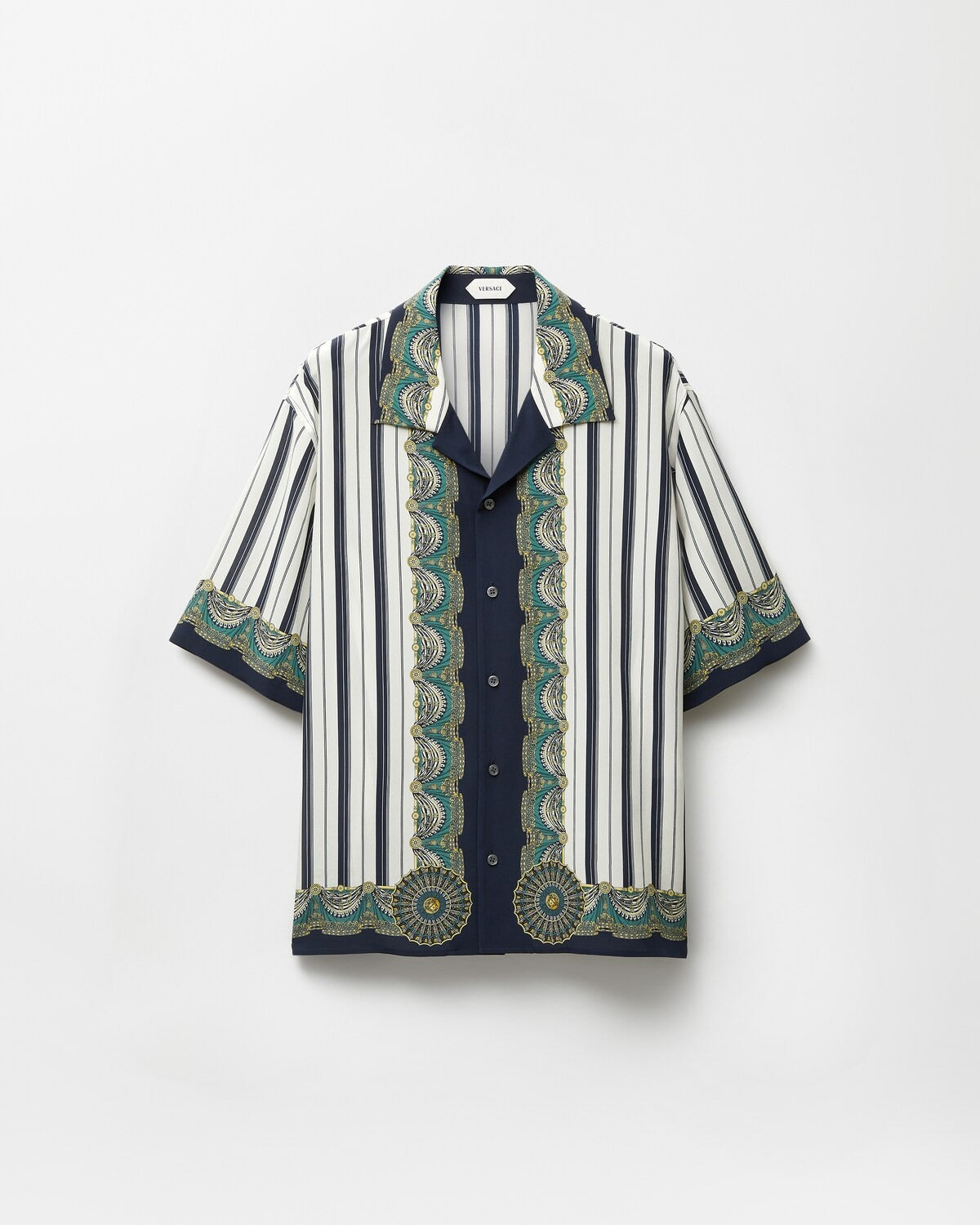 Premium Navy Stripe Baroque Printed Cuban Collar Half Sleeve Shirt for Men | Luxury Casual Resort Wear
